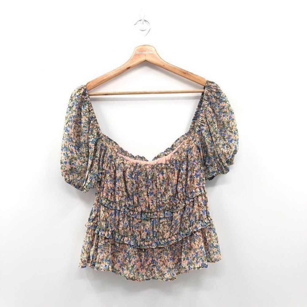 ASTR The Label Ruffle Ruched Short Sleeve Top PEACH BLUE DITSY M - Picture 6 of 8